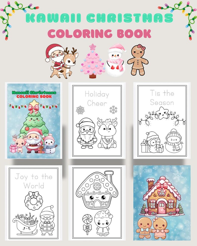 May include: A Kawaii Christmas coloring book with various festive illustrations. The cover features Santa Claus, a reindeer, a pink Christmas tree, a snowman, and a gingerbread person. Inside, there are pages with line drawings of holiday scenes, including Santa, reindeer, and snowmen.