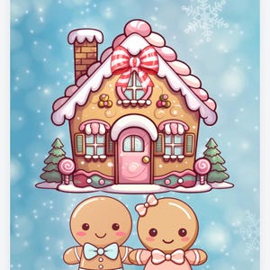 May include: A whimsical illustration of a gingerbread house with a pink door, bow, and roof accents. Two gingerbread people, one with a bow tie and the other with a bow, stand in front. The background is a light blue with snowflakes.