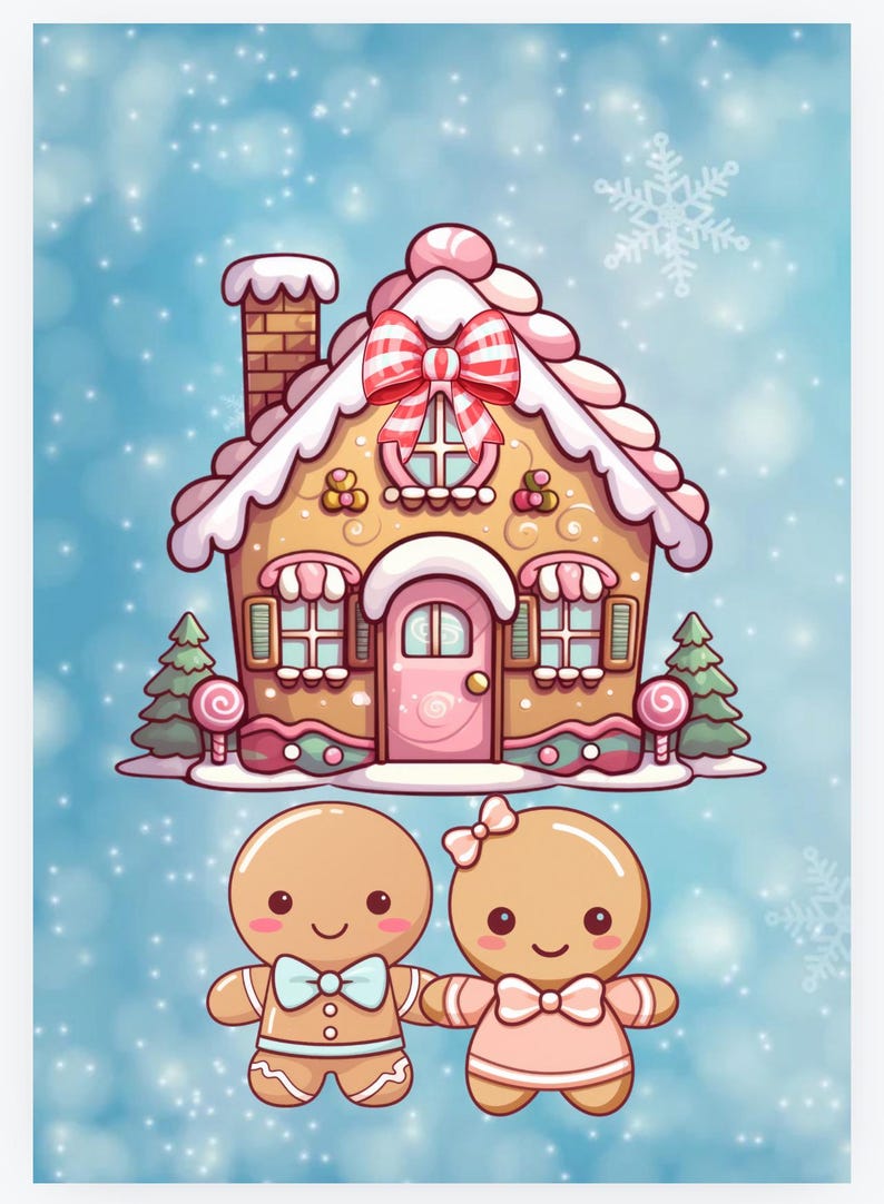 May include: A whimsical illustration of a gingerbread house with a pink door, bow, and roof accents. Two gingerbread people, one with a bow tie and the other with a bow, stand in front. The background is a light blue with snowflakes.