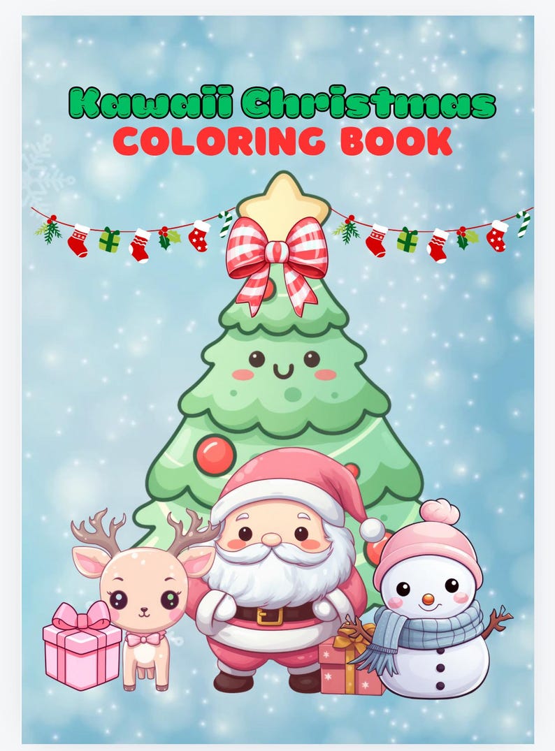 May include: A colorful illustration for a Christmas coloring book. The cover features a green Christmas tree with a red bow, Santa Claus, a reindeer, and a snowman. The text "Kawaii Christmas COLORING BOOK" is at the top.