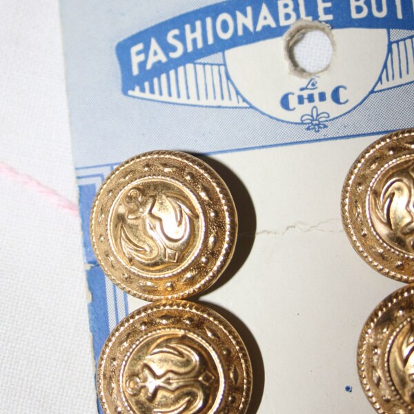 Vintage Gold Anchor Buttons Nautical Set 6 Matching Buttons on Original Card Metal Buttons USA