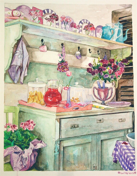 Watercolour Vintage Kitchen HandPainted Original Watercolour Etsy