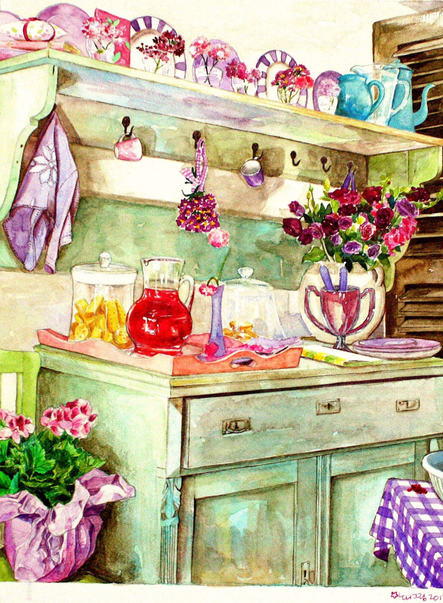 Vintage Kitchen Art Card of an Original Watercolour Painting Etsy