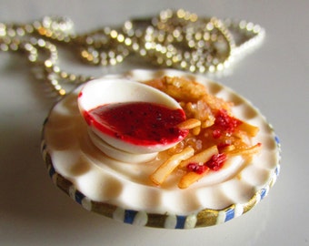 Miniature Plate of Hot French Fries with Ketchup, Fake Food Necklace, Food Jewelry, Polymer clay, Food Necklace, Salty Snack