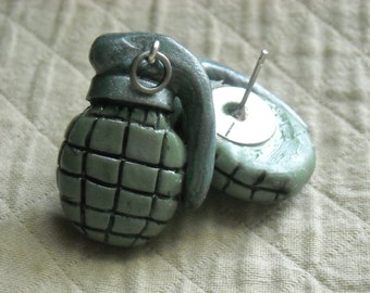 Handmade Army Green Grenade Earrings: Polymer Clay, Nickel-Free Posts