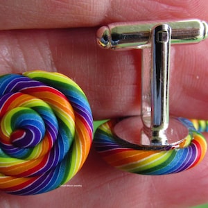 Rainbow Lollipop Cufflinks: Handmade Polymer Clay Swirl