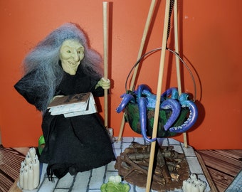 Wicked Witch Table Decor, OOAK, Halloween, Cauldron, Spell book, Frog, Octopus, Real Alpaca Fibers, Real wood, Real Twigs
