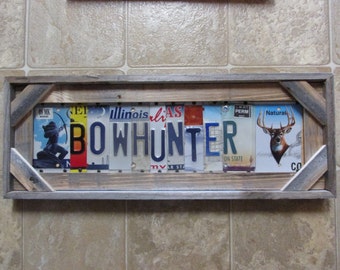 BOW HUNTER, License Plate Sign, Personalized Plate Signs, Bow Hunting, Reclaimed Fence Wood, Unique License Plate Sign Art