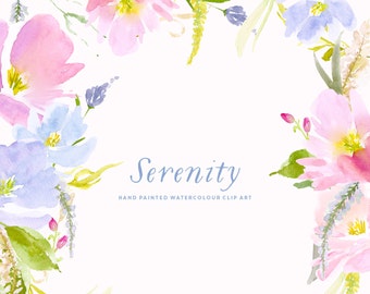 Serenity | Watercolour Flower Clip Art | Blue and Pink Carnations | Gentian | Fern | Chartreuse Foliage | Create the Cut