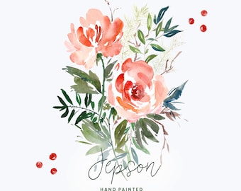 Jepson | Watercolour Flower Clip Art | Hand-Painted Graphics | Dappled Winter Roses | Evergreen Foliage | Berries | Create the Cut