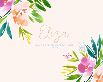 May include: Watercolor floral clipart featuring pink, peach, and green flowers with the name "Eliza" written in cursive script. Hand painted watercolor clipart.