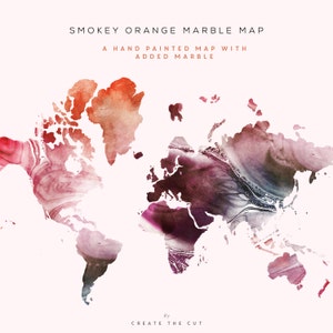Mapa de mármol naranja ahumado / Ilustraciones / Mapa del mundo de acuarela de mármol pintado a mano / Imágenes prediseñadas / Gráficos / Imprimible / Crear el corte