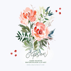 Jepson | Aquarelle Fleur Clip Art | | graphiques peints à la main Roses d’hiver tachetées | Feuillage à feuilles persistantes | Baies | Créer la coupe