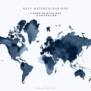 Navy Watercolour Map | Illustrations | Hand-Painted Watercolour World Map | Clip Art | Graphics | Printable | Create the Cut