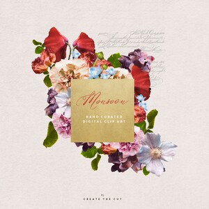 Pode incluir: Uma cole&ccedil;&atilde;o de imagens digitais que apresenta um buqu&ecirc; de flores rosa, vermelhas e azuis com folhas verdes. As flores est&atilde;o dispostas em forma circular com uma etiqueta marrom no centro que diz "Monsoon Hand Curated Digital Clip Art" de Create The Cut.