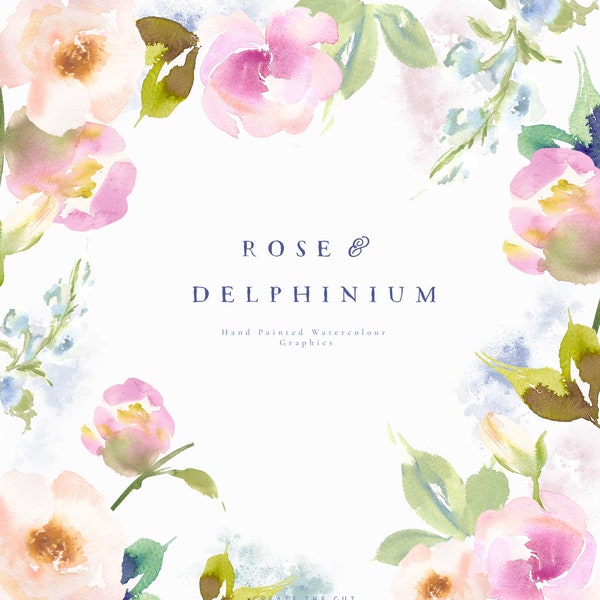 Rose & Delphinium | Hand-Painted Watercolour Spring Flower Clip Art | Pink China Climbing Roses | Aurora Blue Delphiniums | Create the Cut
