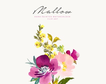 Mallow | Hand-Painted Watercolour Rose Clip Art | Rose Mallows in Pink and Purple | Yellow Primroses | Foliage | Create the Cut