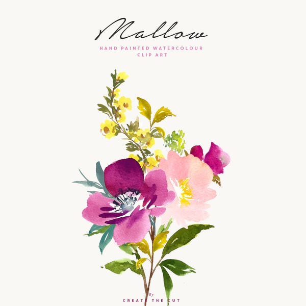 Mallow | Hand-Painted Watercolour Rose Clip Art | Rose Mallows in Pink and Purple | Yellow Primroses | Foliage | Create the Cut