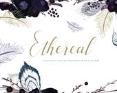 Ethereal | Clip Art | Hand-Painted Flowers and Feathers | Marine Blue Roses | Oregon Plums | Stems | Feathers | Create the Cut