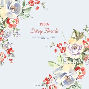 1950s Ditsy Florals | Hand-Painted Watercolour Floral Clip Art | Vintage Flowers | Fifties Flower Graphics | Red Geraniums | Create the Cut