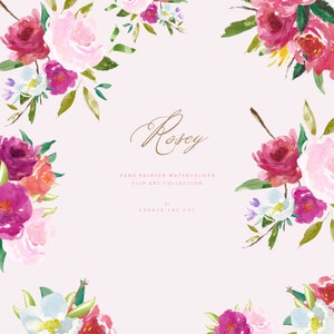 Rosa | Coleção de clipart de flores em aquarela | Rosas cor de rosa | Anêmonas Magentas | Flores de vento brancas | Campânulas Azuis | Crie o corte