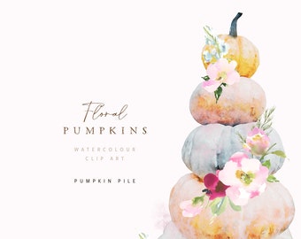 Acuarela Pumpkin Clipart, Floral Pumpkin Collection, Pumpkin Stack Clipart, Fall Pumpkin, Pumpkin Illustration, Watercolor, Autumn