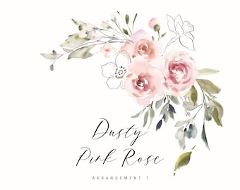 Elegant Watercolor Dusty Pink Rose Clipart Corner Arrangement for Commercial Use, Branding, Invitations and Stationery, Create the Cut, A7