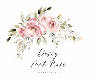 Romantic Boho Style Dusty Pink Rose Floral Clipart Arrangement for Invitations and Stationery, Watercolor Floral PNG, Create the Cut, A6