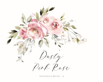 Romantic Boho Style Dusty Pink Rose Floral Clipart Arrangement for Invitations and Stationery, Watercolor Floral PNG, Create the Cut, A6