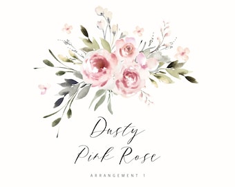 Dusty Pink Rose Watercolor Clipart Arrangement for Wedding Invitations and Greeting Cards, Create the Cut, A1