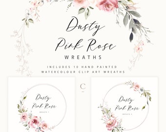 10 Digital Download Dusty Pink Rose Floral Clipart Wreaths for Wedding Invitations, Stationary,  Printable Art by Create the Cut, Wreaths