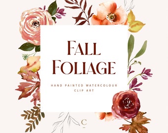 Watercolor Fall Floral Clipart, Autumn Watercolor Leaves Clipart, Fall Frame PNG, Wild Rose, Wedding Invitation Fall Greenery - Fall Foliage