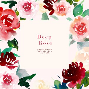 Op de afbeelding: Waterverf clip art met een boeket van diep rode, roze en witte rozen met groene bladeren. De tekst "Deep Rose" en "Hand Painted Watercolor Clip Art" wordt in het midden van de afbeelding weergegeven.