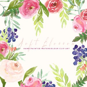 Soft Blossoms Watercolour Clip Art Camellias Goji Berries Acai Berries Evergreen Leaves Create the Cut image 2