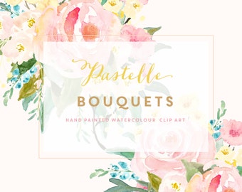 Pastelle Bouquets | Watercolour and Acrylic Hand-Painted Clip Art | Pink Cabbage Roses | Trumpet Lilies | Pink Hollyhock | Create the Cut