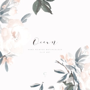 Ocean | Hand-Painted Tempered Watercolour Clip Art | Cappuccino Roses | Woody Stemmed Sage Leaves | Create the Cut