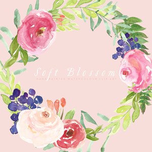 Soft Blossoms Watercolour Clip Art Camellias Goji Berries Acai Berries Evergreen Leaves Create the Cut image 4