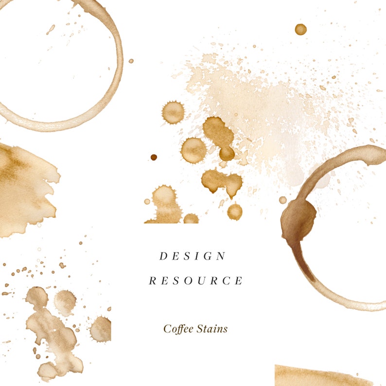 Puede incluir: Una colecci&oacute;n de manchas marrones de caf&eacute; sobre un fondo blanco. Las manchas son de varias formas y tama&ntilde;os, incluyendo c&iacute;rculos, salpicaduras y rayas. Tambi&eacute;n se puede ver el texto "DESIGN RESOURCE" y "Coffee Stains".