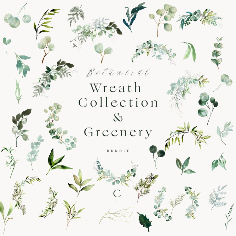 Watercolor Eucalyptus Wreath Bundle & Greenery Clipart, Watercolor Half Wreath Clipart, Wedding Greenery, Clipart Frames, Eucalyptus Clipart image 1