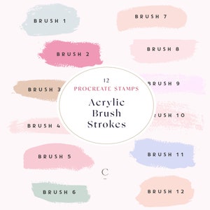 May include: Twelve Procreate stamps featuring acrylic brush strokes in various colors, including light blue, pink, peach, and lavender. Each brush stroke is labeled with a number from 1 to 12.