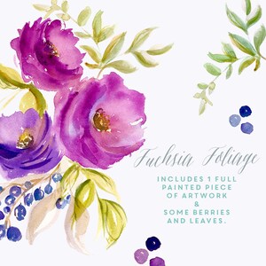 May include: Watercolor painting of fuchsia flowers with green leaves and purple berries. The text "Fuchsia Foliage" is written in cursive script. The text "INCLUDES 1 FULL PAINTED PIECE OF ARTWORK & SOME BERRIES AND LEAVES." is written below the title.