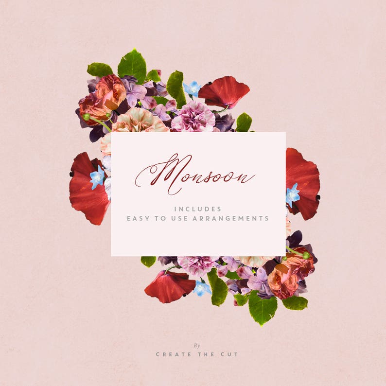 Pode incluir: Um design gr&aacute;fico digital que apresenta um arranjo floral de flores vermelhas, rosas e roxas com folhas verdes. O texto "Monsoon" est&aacute; escrito em uma fonte cursiva sobre um ret&acirc;ngulo branco com o texto "Includes Easy to Use Arrangements" abaixo. O texto "By Create The Cut" est&aacute; escrito em uma fonte menor abaixo do ret&acirc;ngulo.