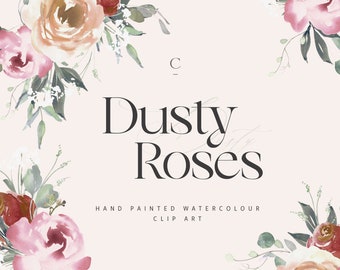 Dusty Roses Floral Clip Art Set, Dusty Floral Watercolor Wedding bouquet - Watercolor Floral Clipart - Digital Download - PNG