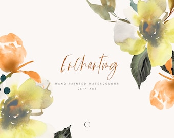 Enchanting | Watercolour Digital Clip Art | Moody Green and Orange Hand-Painted Florals | Magnolias |  Yellow Dahlias | Create the Cut