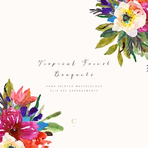 Tropical Forest Bouquets | Flower Clip Art | Watercolour Hand-Painted Arrangement | Anemone | Dayflower | Tick Trefoil | Create the Cut