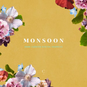 Pode incluir: Um fundo amarelo com uma borda floral. O texto "MONSOON" est&aacute; no centro da imagem. Abaixo do texto est&aacute; a frase "HAND CURATED DIGITAL GRAPHICS".