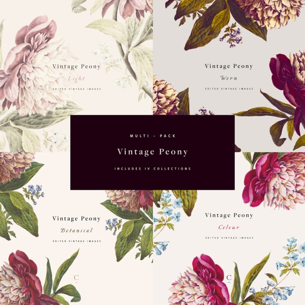 Vintage Peony Multi-Pack | Botanical Style Clip Art and Graphics | Peonies | Virginia Bluebells | Canna Leaves | Create the Cut