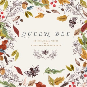 Hand Painted Watercolor Fall Clipart, Autumn Illustrations, PNG Clip Art Collection, Rosehip, Bee, Fall Leaves - Queen Bee Create the Cut