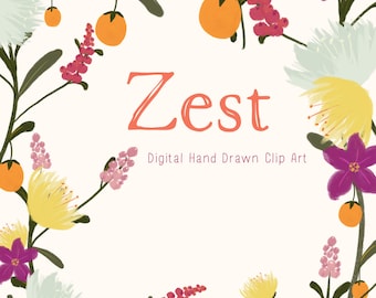 Clip Art - Hand Drawn Flowers, Berries and Leaves, oranges and lemons, fall colours - Zest