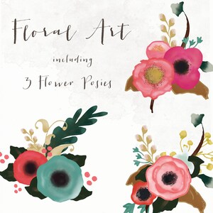May include: Floral Art, including 3 Flower Posies. Watercolor style illustration of three flower arrangements with pink, red, and teal flowers.